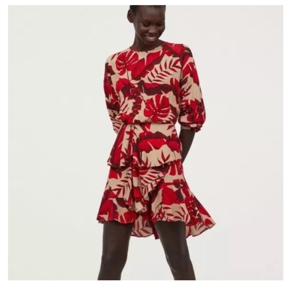 NEW without tags:Johanna Ortiz X H&M Flounced Leaf Print Dress Red - $100 Size M - Picture 4 of 5